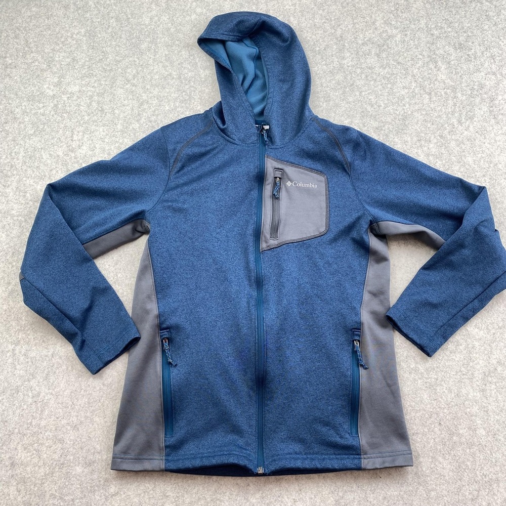 Columbia Jacket Mens Small Blue Gray Hooded Full Zip Fleece Colorblock Active